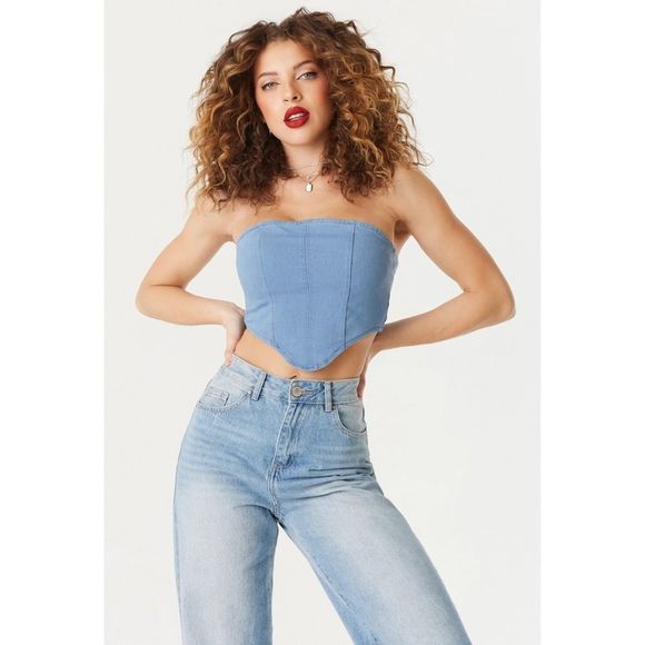 Strapless cropped denim corset - Picture 7 of 8